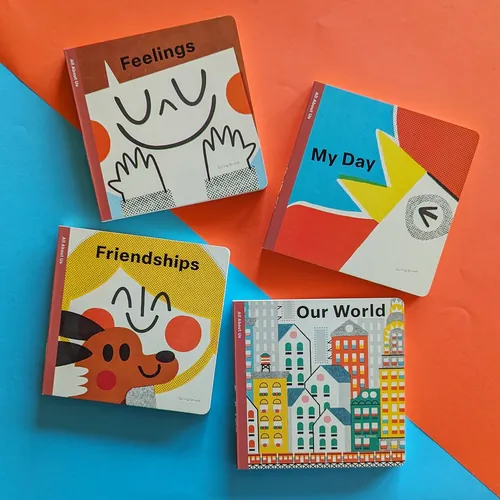 Four colorful children's books about feelings, friendships, daily life, and world.