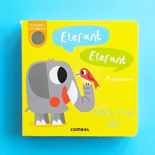 Cartoon elephant and red bird on a bright yellow book cover