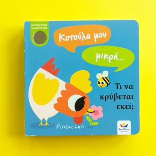 Colorful book cover with a hen, bee, and Greek text on blue background