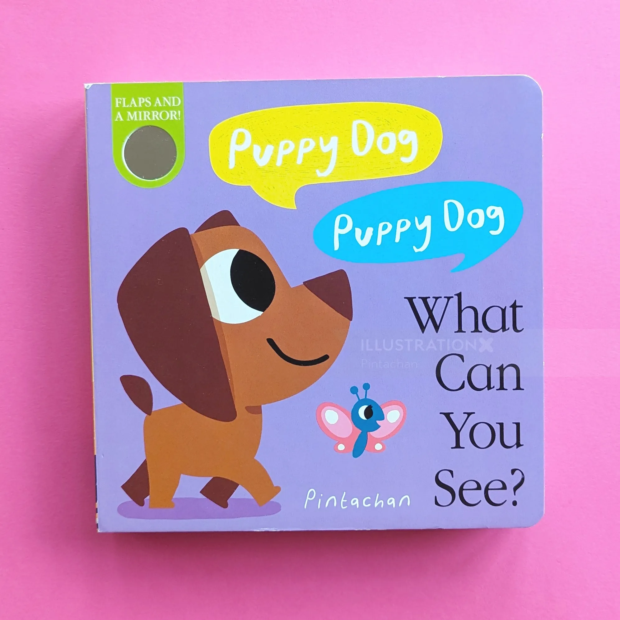 Book cover with cartoon puppy dog and butterfly on purple background