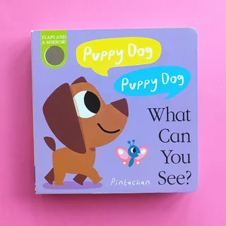 Book cover with cartoon puppy dog and butterfly on purple background