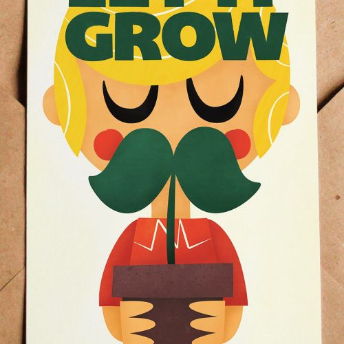 Person holding a plant with a large mustache and text 'Let It Grow'
