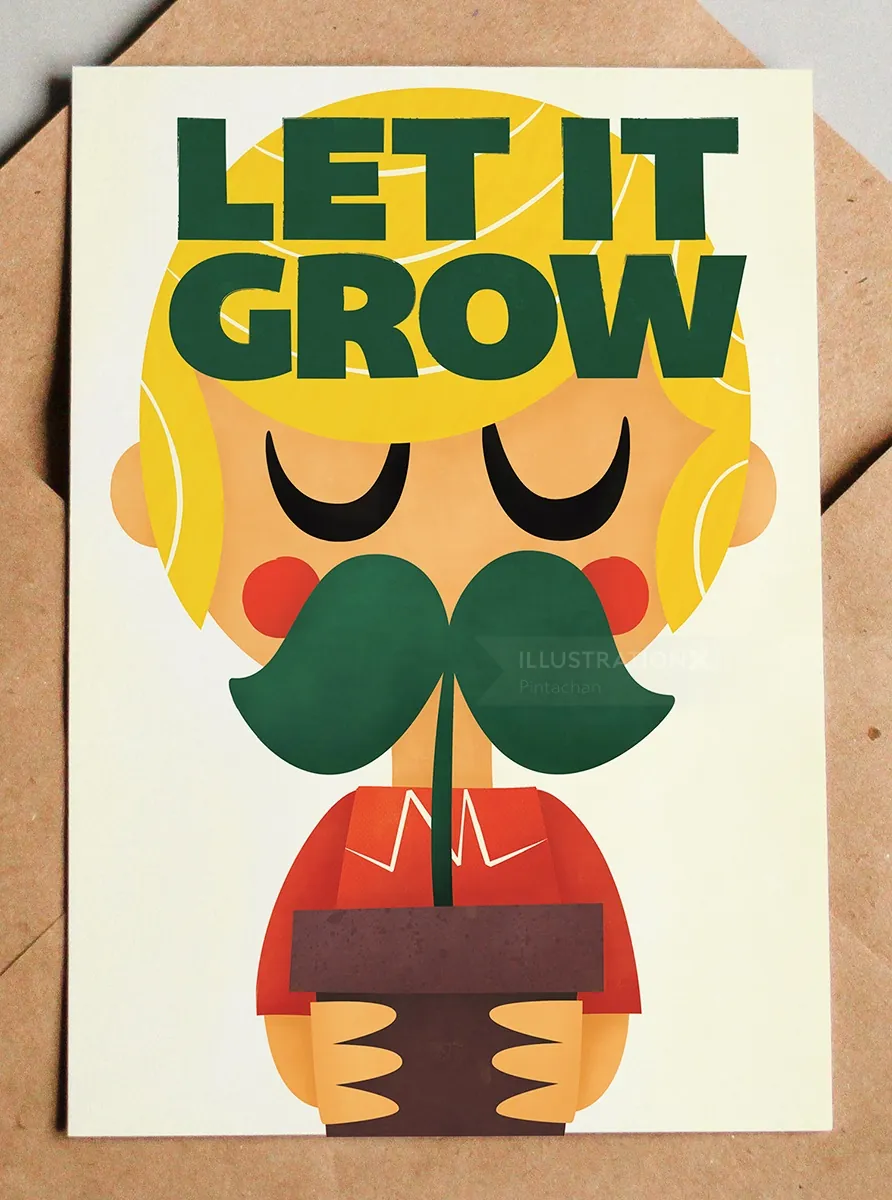 Person holding a plant with a large mustache and text 'Let It Grow'