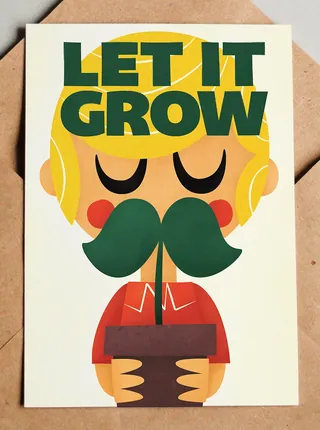 Person holding a plant with a large mustache and text 'Let It Grow'