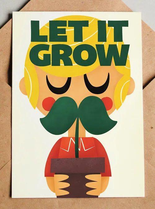 Person holding a plant with a large mustache and text 'Let It Grow'