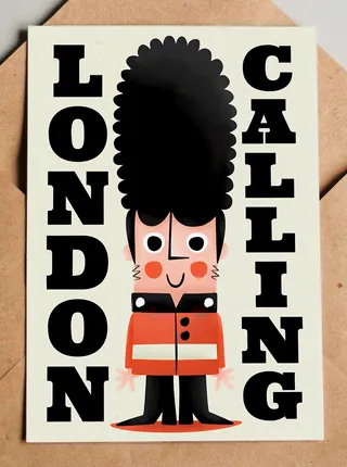 Cartoon British guard with tall hat and red uniform with London Calling text