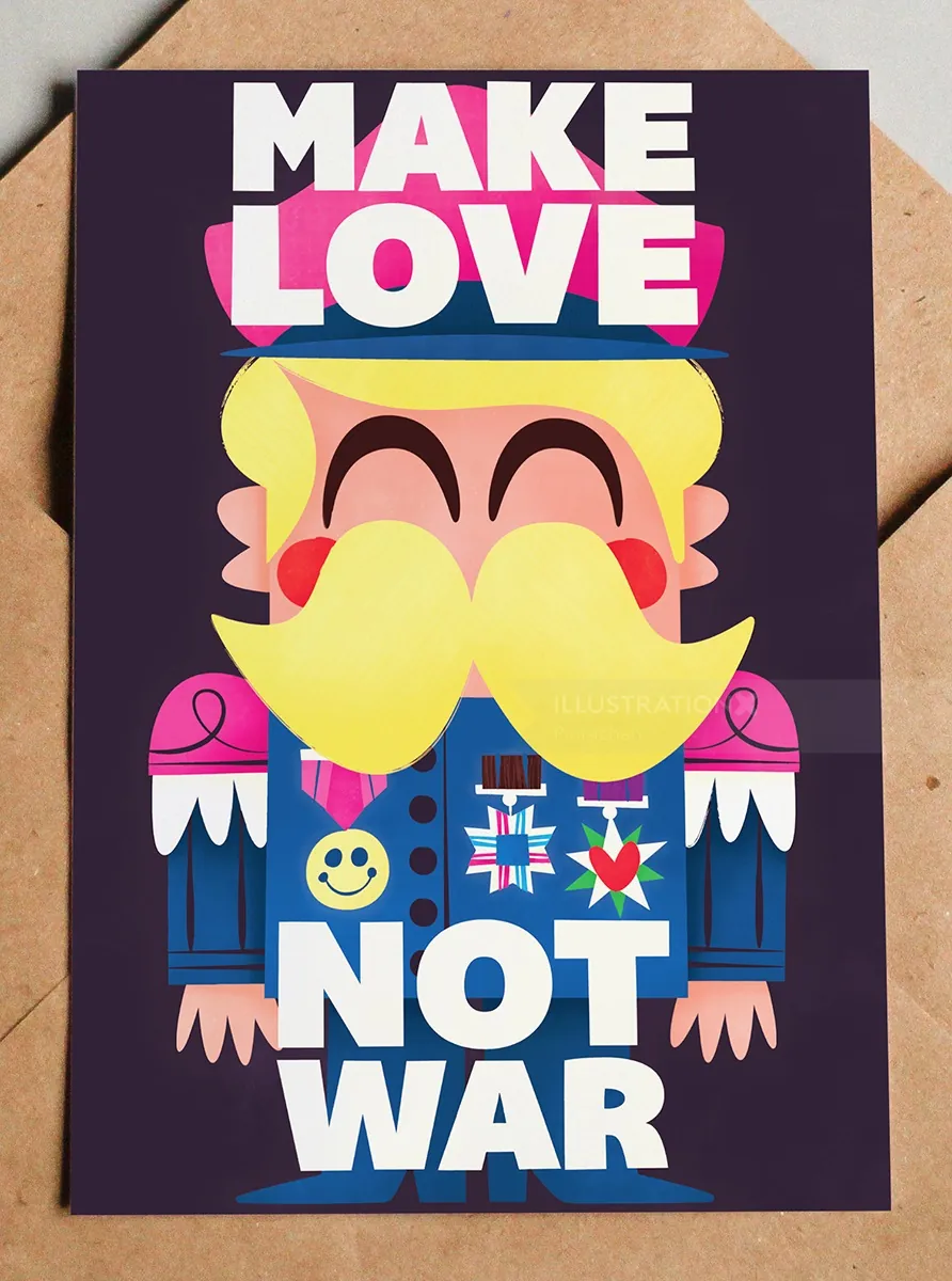 Illustration of a soldier with yellow mustache and 'Make Love Not War' text.
