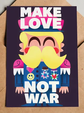 Illustration of a soldier with yellow mustache and 'Make Love Not War' text.