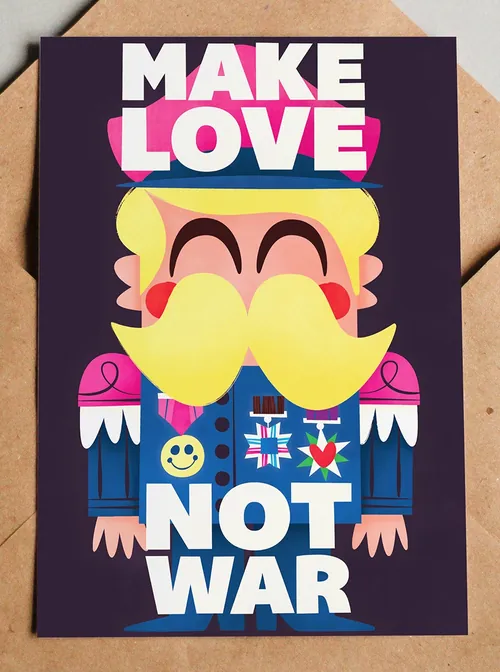 Illustration of a soldier with yellow mustache and 'Make Love Not War' text.