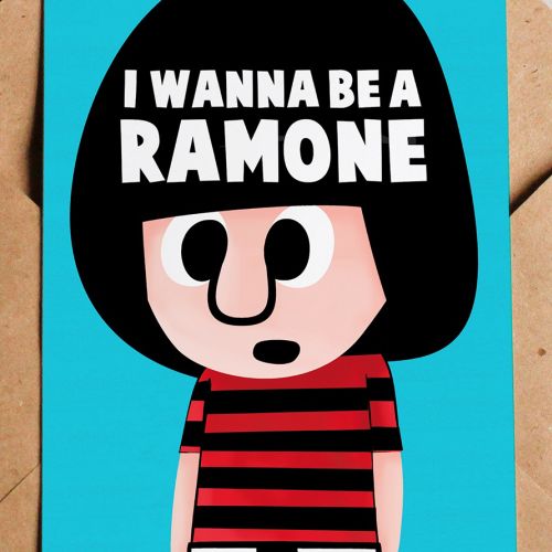 Cartoon figure in red and black striped shirt with text I WANNA BE A RAMONE