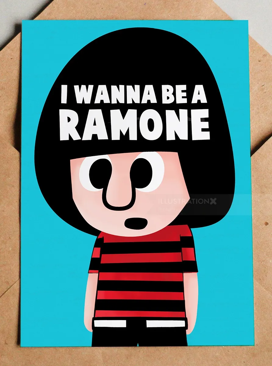 Cartoon figure in red and black striped shirt with text I WANNA BE A RAMONE