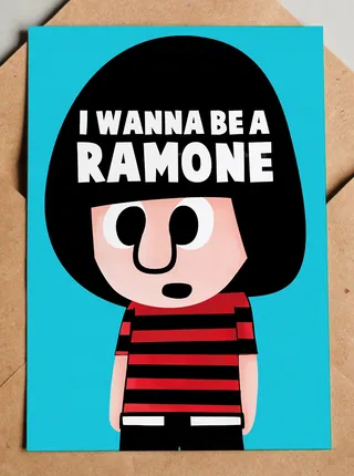 Cartoon figure in red and black striped shirt with text I WANNA BE A RAMONE