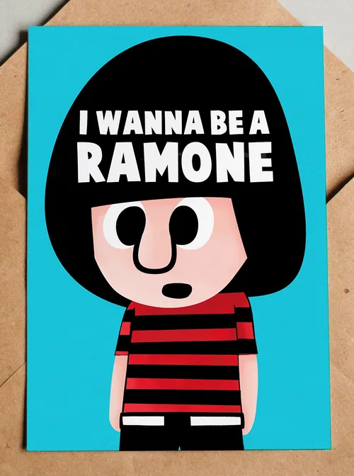 Cartoon figure in red and black striped shirt with text I WANNA BE A RAMONE