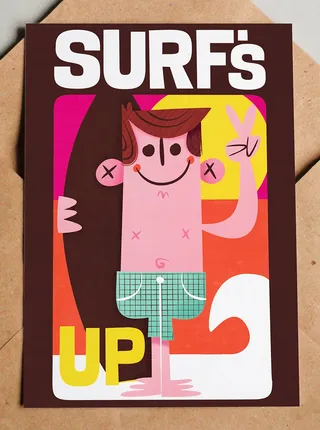 Smiling cartoon surfer with surfboard waving hand on colorful background.