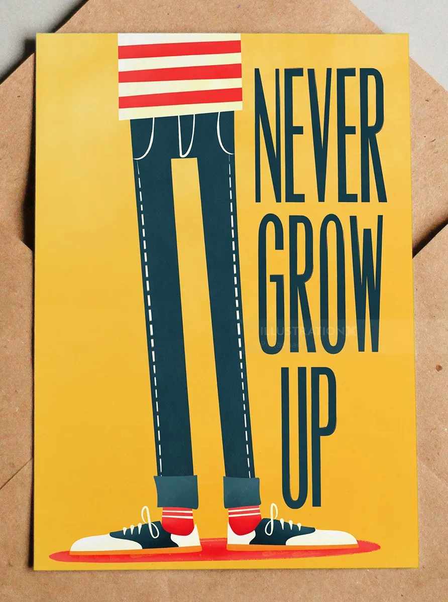 Legs wearing sneakers with 'Never Grow Up' message on yellow background