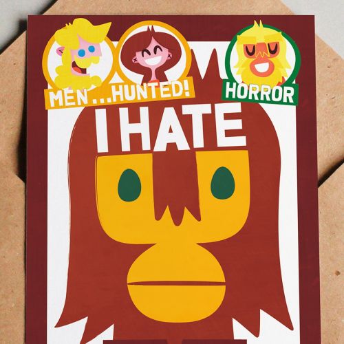 Poster with monkey face and text 'I hate humans' with cartoon characters