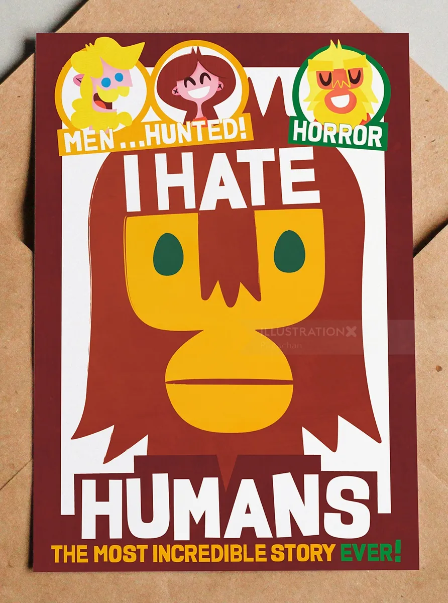 Poster with monkey face and text 'I hate humans' with cartoon characters