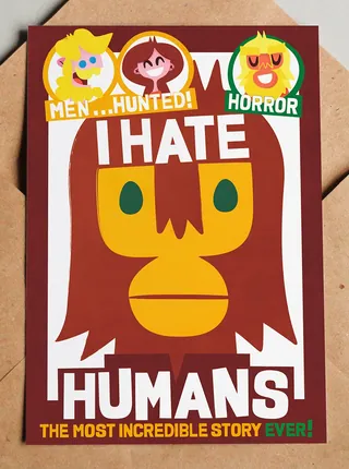 Poster with monkey face and text 'I hate humans' with cartoon characters
