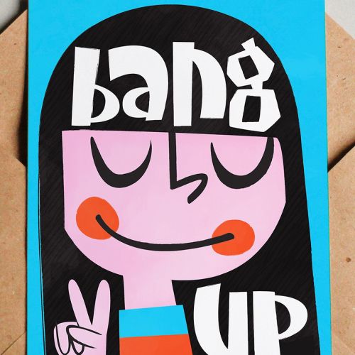 Cartoon girl with black hair smiling and peace sign on blue background