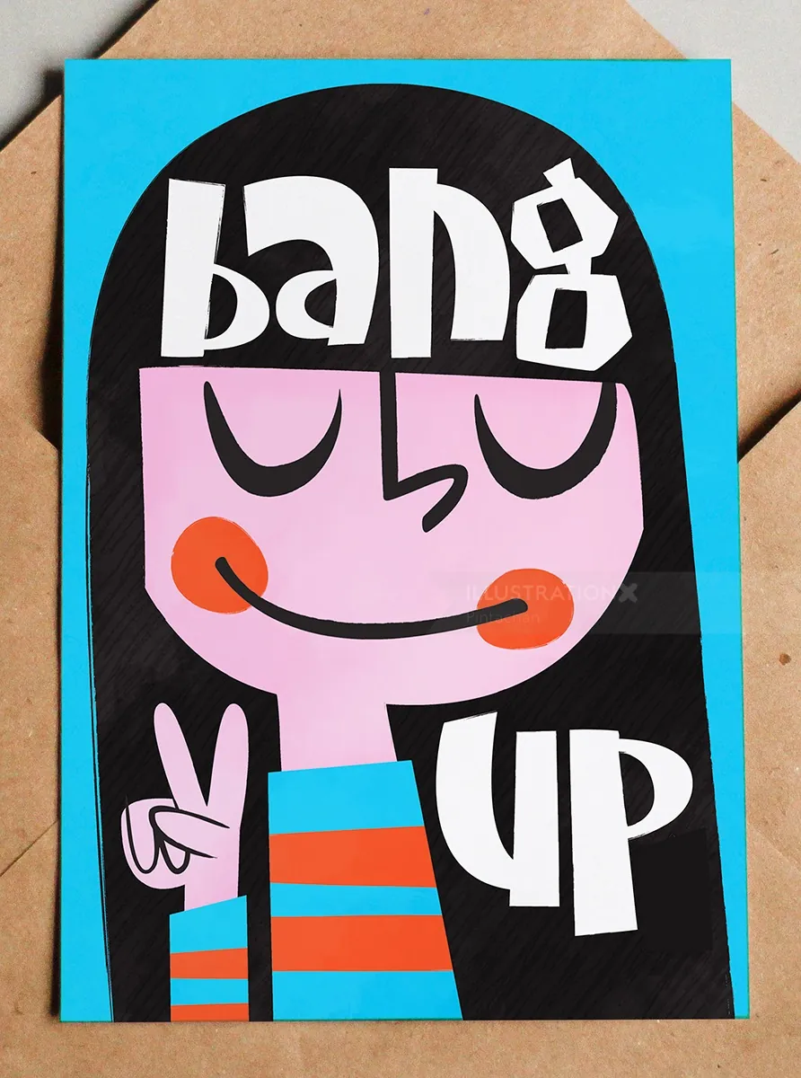 Cartoon girl with black hair smiling and peace sign on blue background
