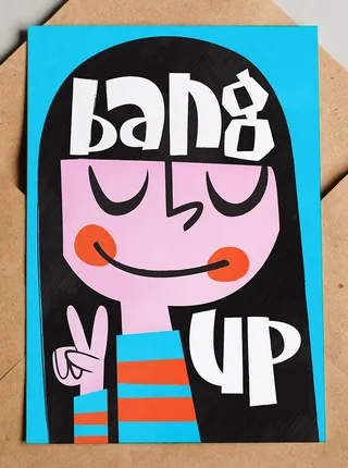 Cartoon girl with black hair smiling and peace sign on blue background
