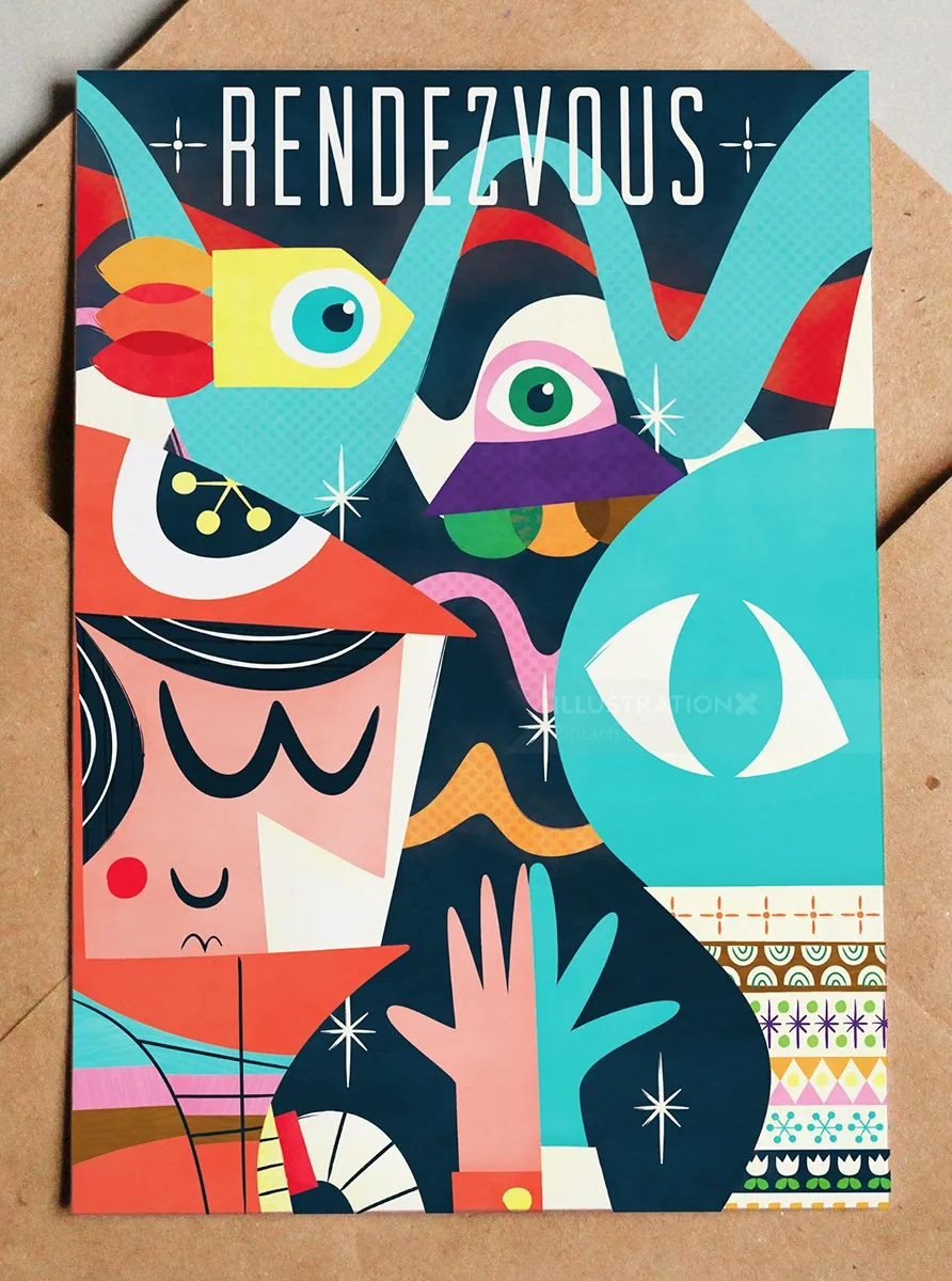 Abstract art featuring eyes and geometric colorful shapes