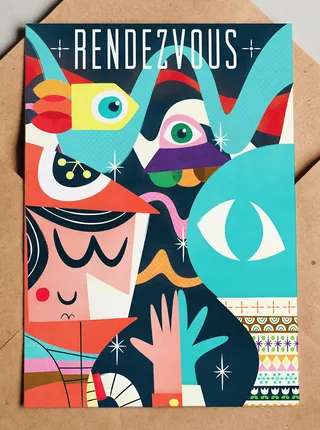 Abstract art featuring eyes and geometric colorful shapes