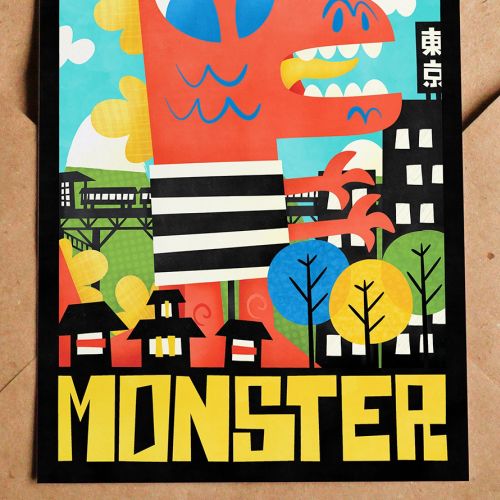 Illustration of orange cartoon monster with city and trees