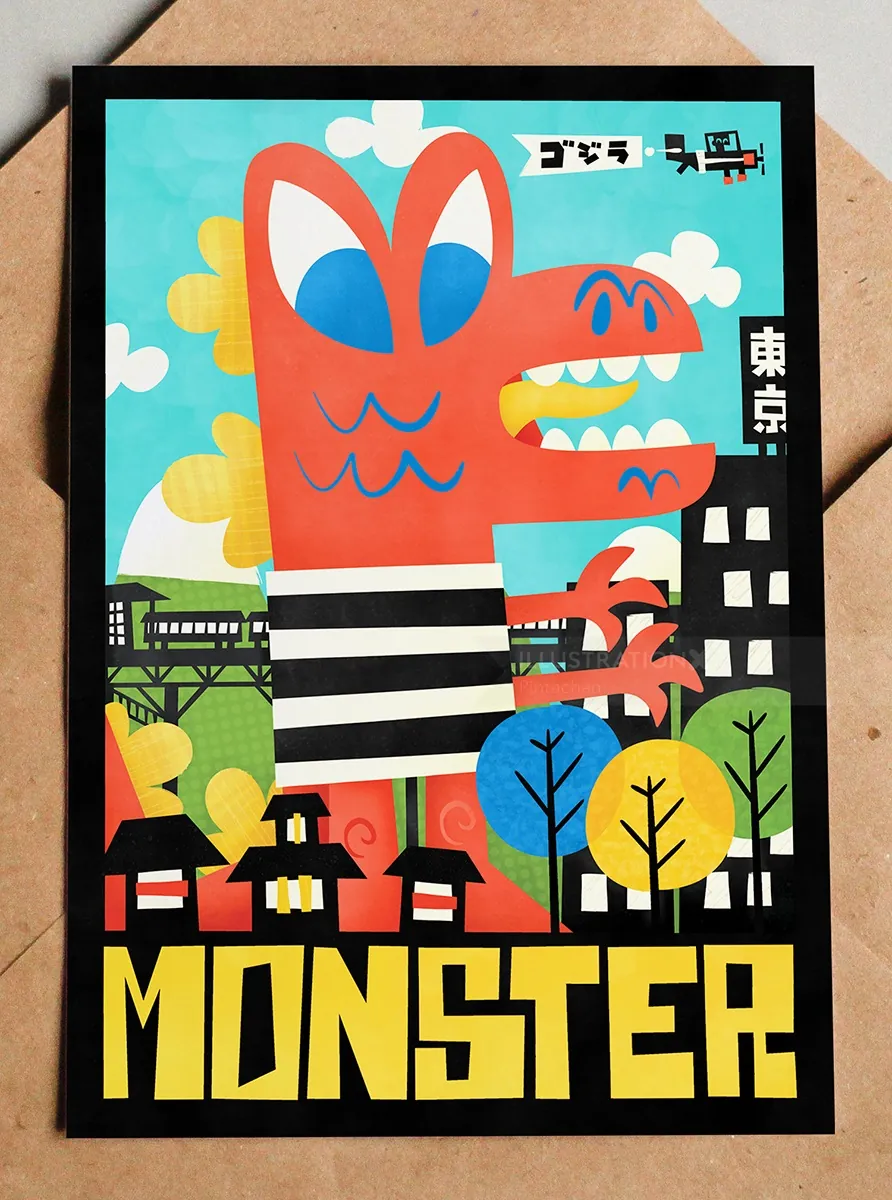 Illustration of orange cartoon monster with city and trees