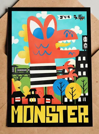 Illustration of orange cartoon monster with city and trees
