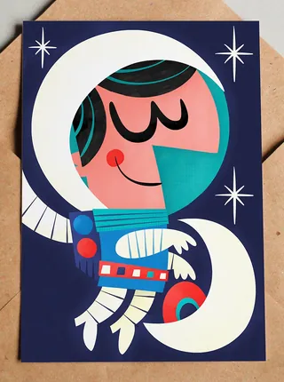Cartoon astronaut in space suit floating near moon and stars