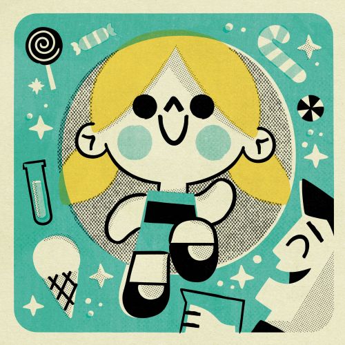 Cartoon girl with blonde hair and candy around her on teal background