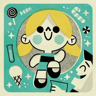 Cartoon girl with blonde hair and candy around her on teal background