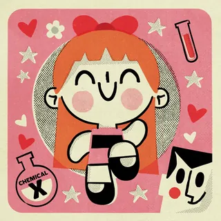 Smiling cartoon girl with red hair surrounded by hearts and chemical icons