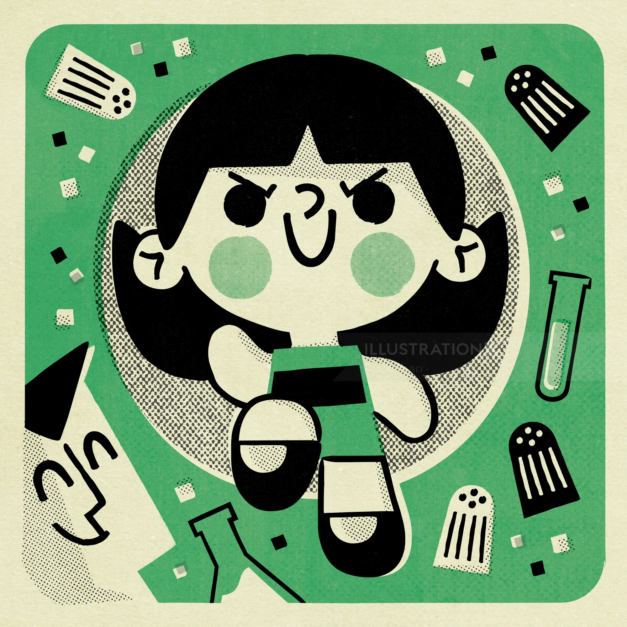 Illustration of a smiling girl with ghostly shapes around her
