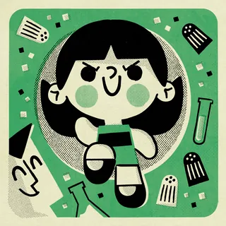 Illustration of a smiling girl with ghostly shapes around her