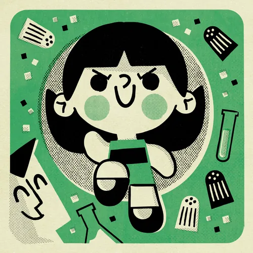 Illustration of a smiling girl with ghostly shapes around her