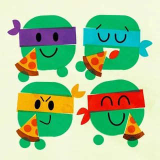 Four green cartoon faces with headbands eating pizza slices.