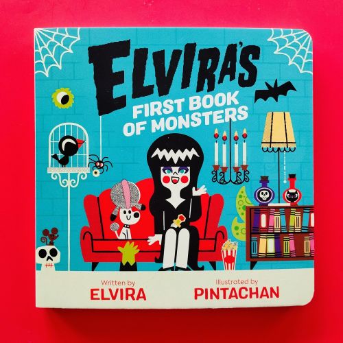 Elvira's First Book of Monsters cover with cartoon Elvira and monsters