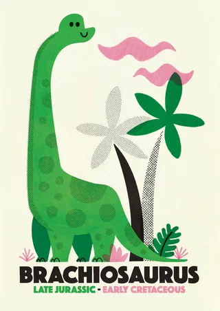 Green Brachiosaurus cartoon with palm trees and pink clouds