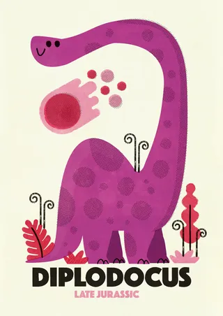 Purple Diplodocus dinosaur with plants from the Late Jurassic era