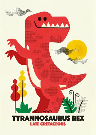 Red Tyrannosaurus rex cartoon with sun, plants, and clouds