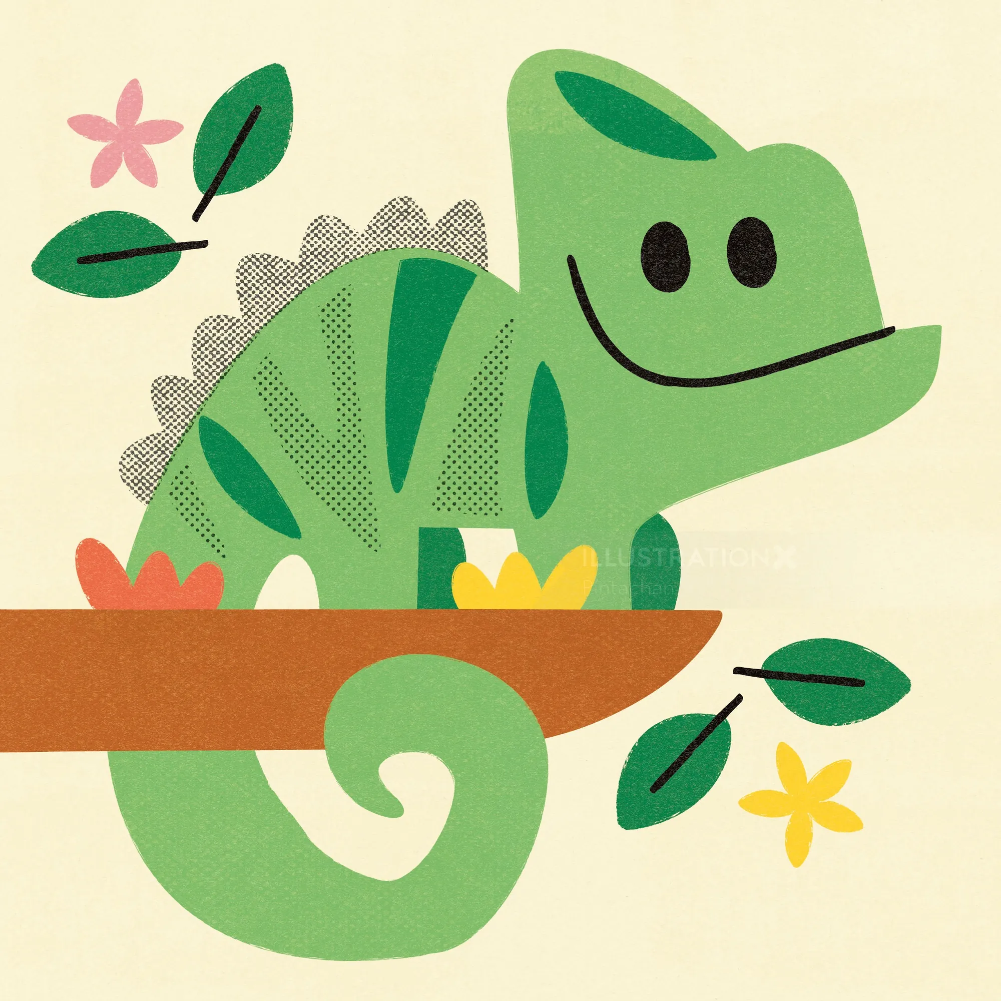 Cute green chameleon on a branch with leaves and flowers by Pintachan