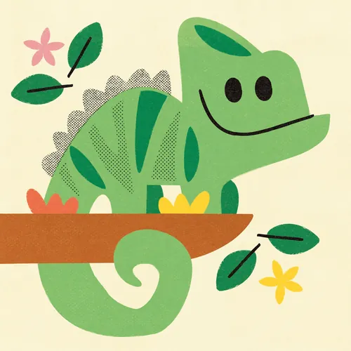 Cute green chameleon on a branch with leaves and flowers by Pintachan