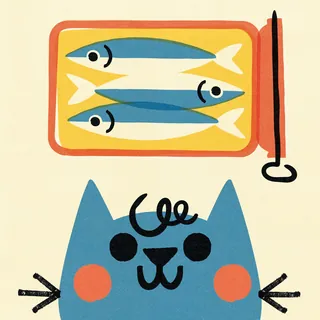 釣り竿と魚を持った青い猫 | Illustration by Pintachan