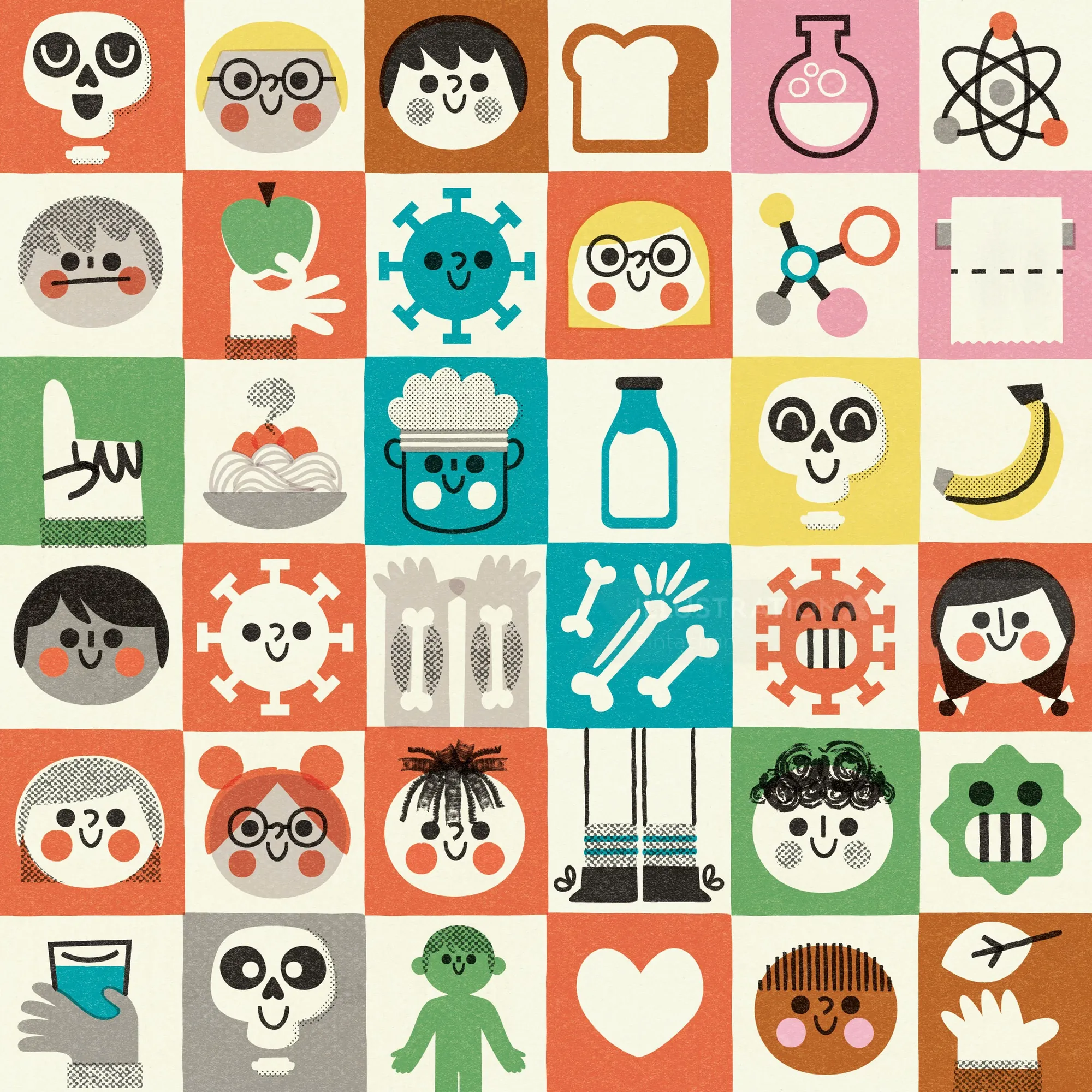 Colorful grid of cartoon faces and objects by Pintachan