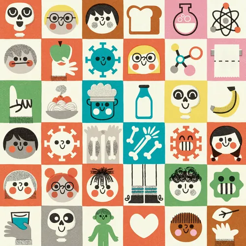 Colorful grid of cartoon faces and objects by Pintachan