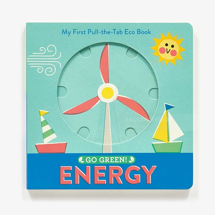 Cover of children's eco book with wind turbine and sailboats by Pintachan