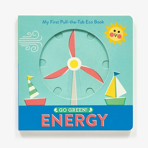 Cover of children's eco book with wind turbine and sailboats by Pintachan