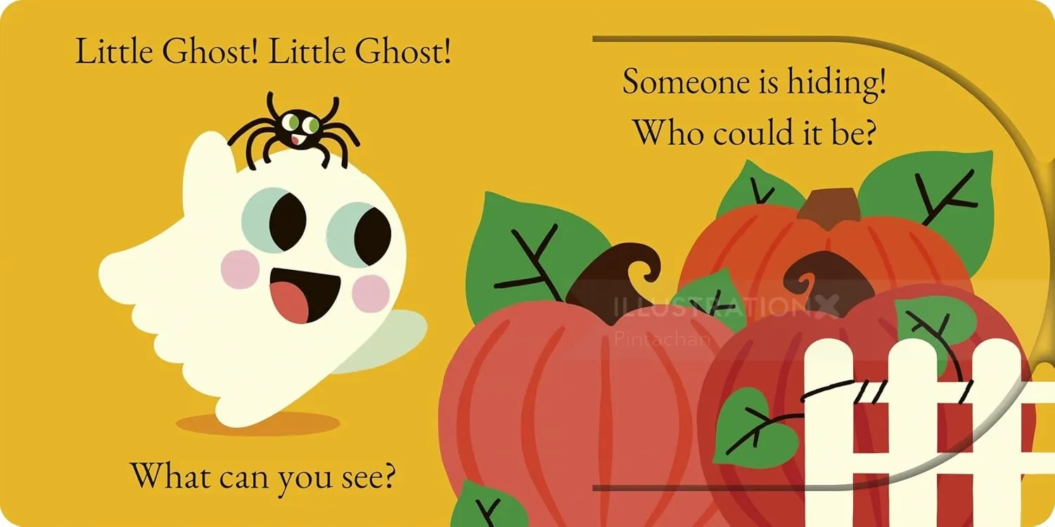 Pintachan illustration of a friendly white ghost, spider, pumpkins, and wrapped gift.